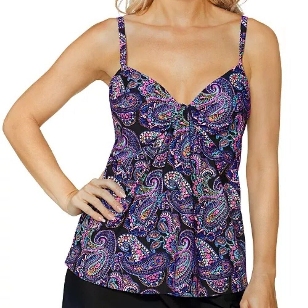 Island Escape Underwire Tankini Black Paisley Full Support Swim Top Women Size 8